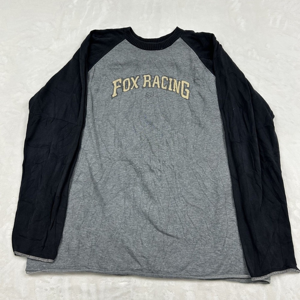 Fox Racing Sweater Mens XL Grey Black Embroidered Logo Knit Top